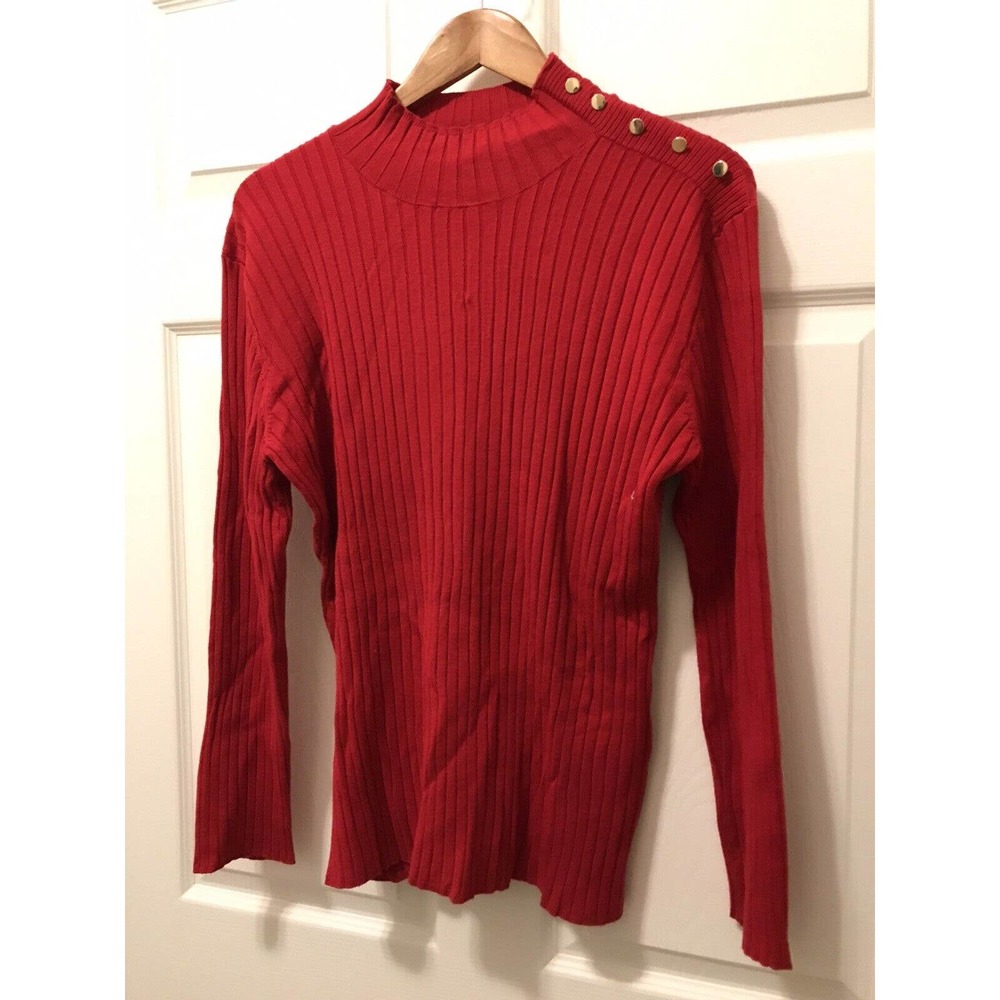 New York & Company Ribbed Mock Neck Shirt XL, Red with Gold Buttons, Long Sleeve
